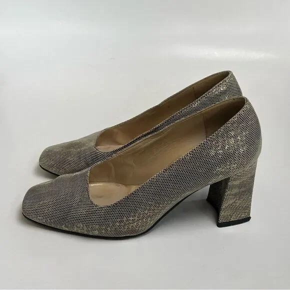 Vintage 90s Stuart Weitzman Snakeskin Reptile Gold Tan Pumps Heels Shimmer 6 6.5 - Picture 4 of 11